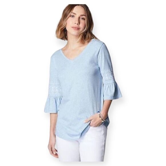 J Jill Embroidered Sleeve Double V-Neck Tee Top Size L - Picture 1 of 7